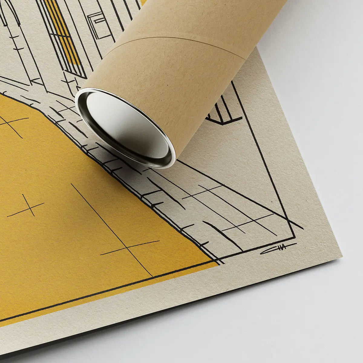 Carrer de la Carreta Sitges City Lines poster rolled in eco-friendly tube showing textured paper and minimalist Mediterranean street illustration
