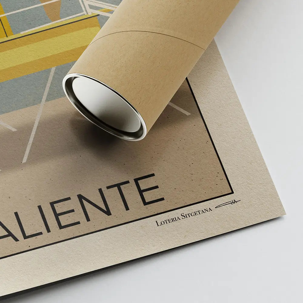 Corner of El Valiente poster from the Lotería Sitgetana series showing Cha signature and eco-friendly cardboard shipping tube, limited edition print