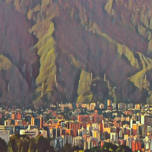 Close-up of the El Ávila Caracas poster showing the textured halftone effect on the mountain ridges and city buildings
