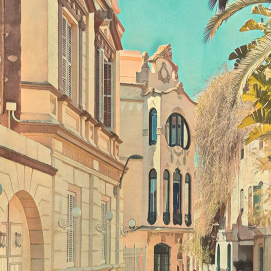 Sant Isidre Sitges poster detail showing elegant facades and palm trees in warm vintage halftone style