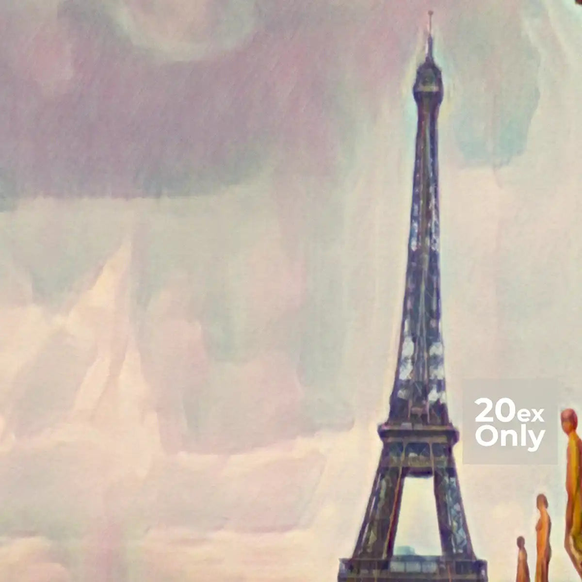 Detail of the Eiffel tower and the Trocadéro statues in front of a soft pastel sky