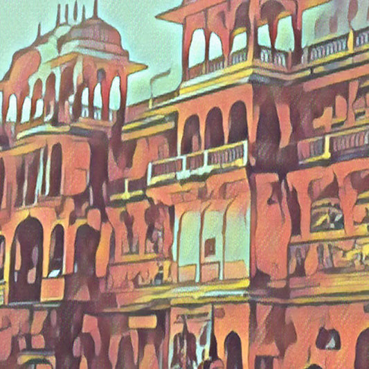 Close-up view of Alecse’s Jaipur art print showing Galta Ji Temple architecture