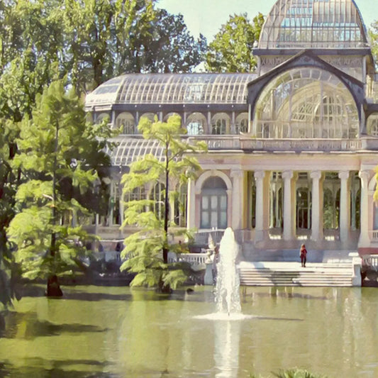 Detail of the Crystal Palace façade and surrounding lake in Alecse’s Madrid poster