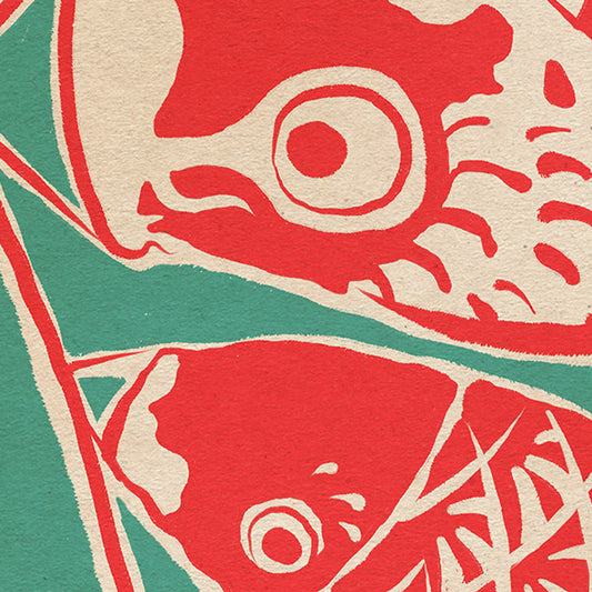 Close-up of Koi carps on 'Koinobori 24' poster showcasing intricate design and bold pop art colors by Cha