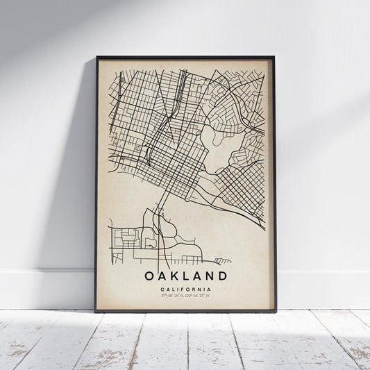 Oakland Retro Map Art Print by Cha, The Wanderer Maps™, limited edition black and white
