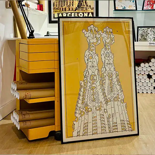 Sagrada Familia Barcelona poster featuring Gaudí’s iconic towers, displayed framed at the MyRetroPoster gallery alongside vintage Barcelona wall art.