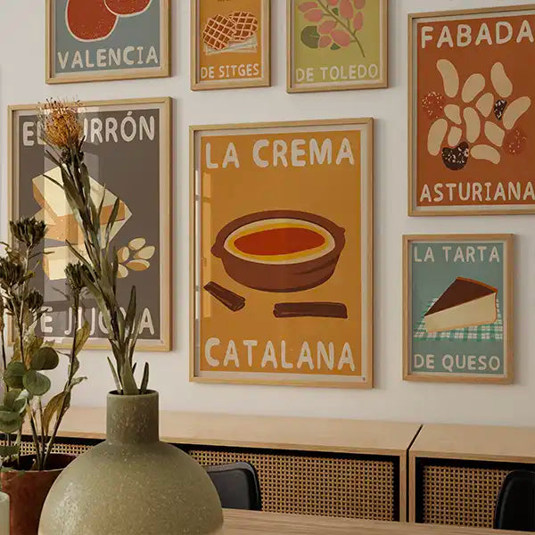 Spanish food posters featuring crema catalana, fabada asturiana, tarta de queso and other regional specialties, displayed as retro kitchen wall art.
