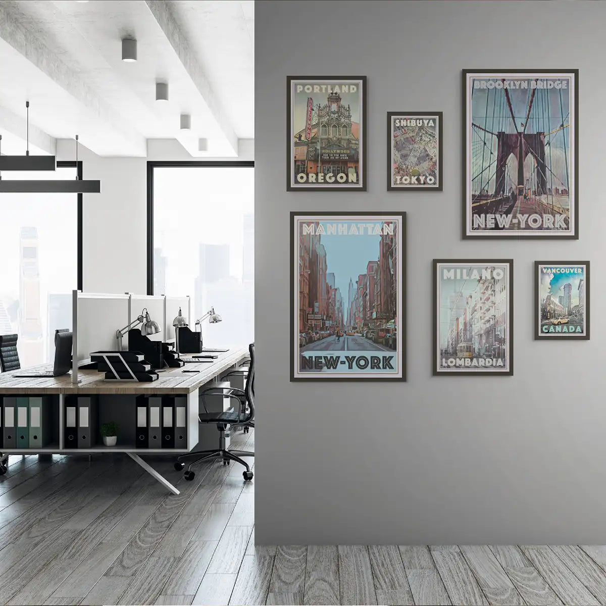 Several travel posters by Alecse composing an accent Wall in a co-working space.