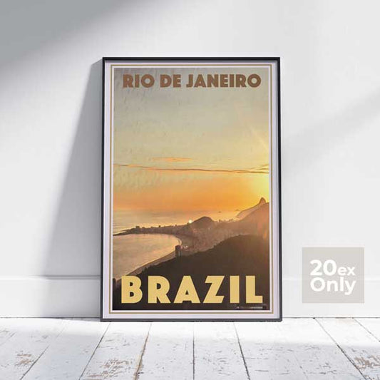 Limited edition 'Rio Sunset' poster by Alecse, depicting the iconic Rio de Janeiro skyline bathed in the hues of dusk