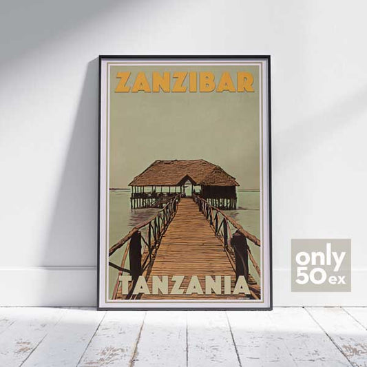 "The Pier" Zanzibar poster by Alecse in a black frame, emphasizing the exclusive collector's series, limited to 50 signed editions