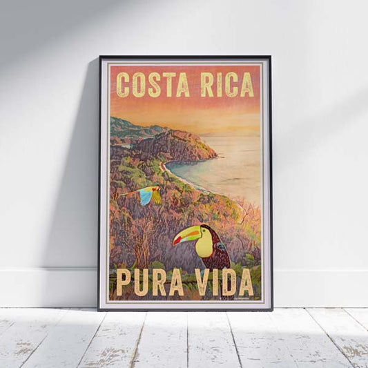 Framed Costa Rica Travel Poster on White Wooden Floor - 'Pura Vida Birds' Limited Edition by Alecse