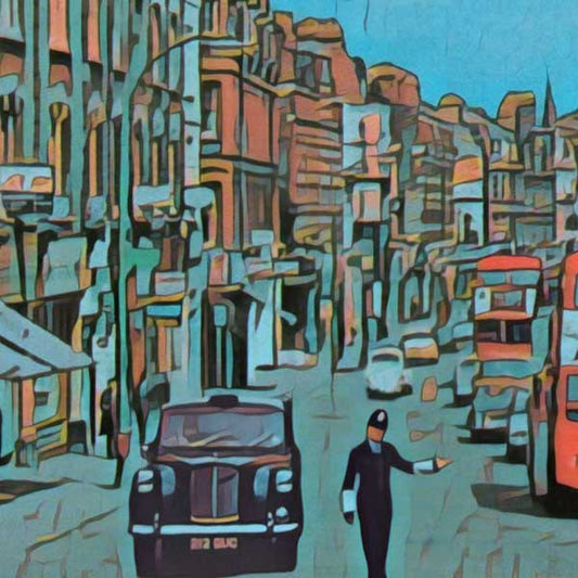 Details of a black cab and a bobby in Putney London