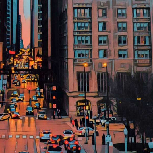Close-up of Chicago Travel Poster showcasing Alecse's soft focus style capturing Illinois' urban twilight