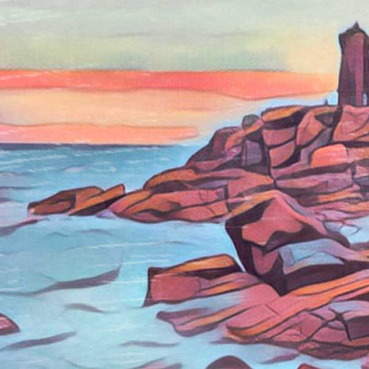 Close-up of Alecse's Perros-Guirec poster, showcasing the detailed artistry and rich palette of the Bretagne coast