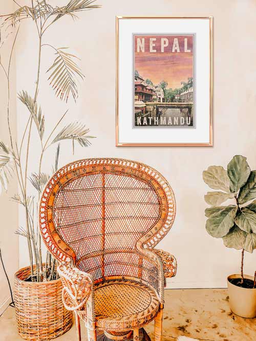 Nepal Travel Poster showing a bridge in Kathmandu | Poster created by Alecse and printed in limited edition