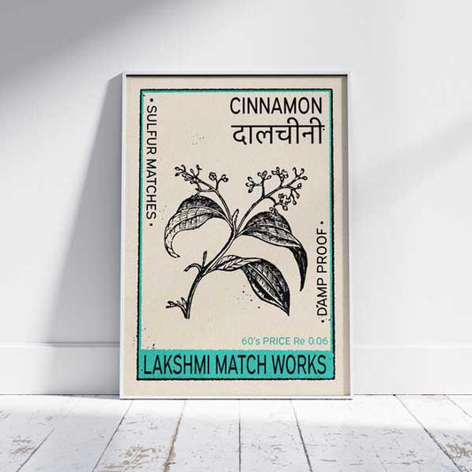Vintage-style Cinnamon poster featuring a detailed botanical illustration, Hindi script, and a retro Indian matchbox label design. Perfect for heritage kitchen decor, botanical prints, and Indian-themed artwork