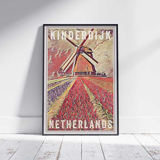 Kinderdijk Windmill Travel Poster in a frame on a white wooden floor, capturing Dutch heritage.