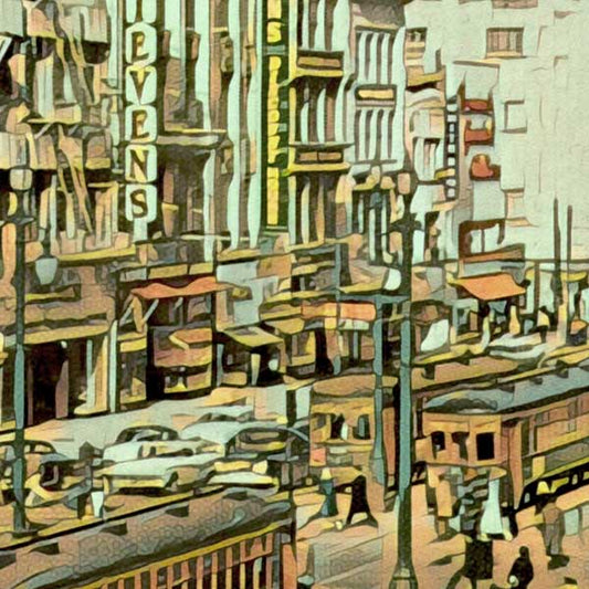 Details of the poster / Close-up view | Please note that all our Art Prints have an half tone render to mimic the old posters printing process where colors were rendered by the juxtaposition of dots of different colors and sizes | Those art prints are not photos and are not supposed to be crisp | All blurs and vintage effects are intended by the artist