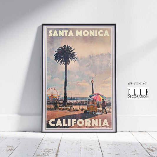 Limited Edition Santa Monica California Travel Poster in Frame on White Wooden Floor by Alecse