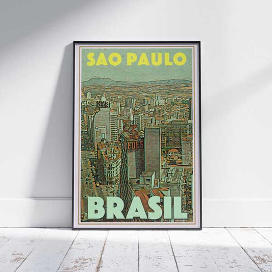 Sao Paulo Panorama Poster framed in white on wooden floor by Alecse