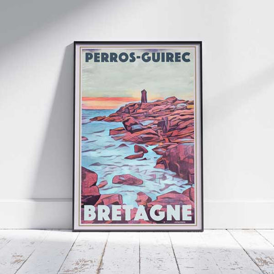 Artistic poster of Perros-Guirec, Bretagne, with vibrant colors capturing the coastal sunset, by Alecse