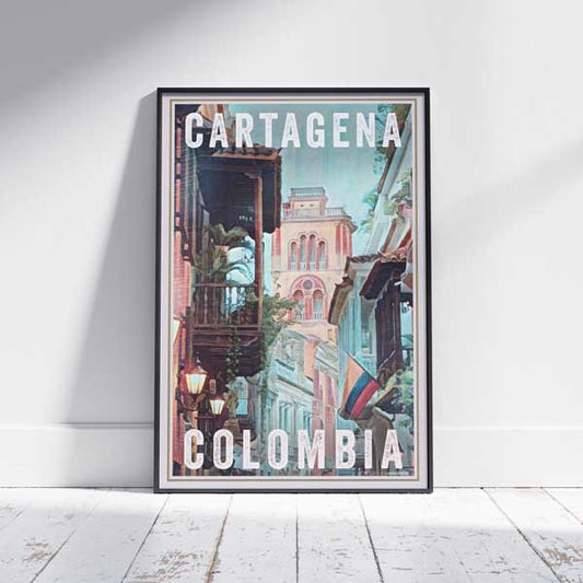 Limited Edition Cartagena Colombia Poster Framed on White Wooden Floor by Artist Alecse