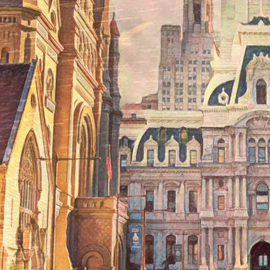 Close-up detail of Philadelphia poster showing watercolor effect and halftone texture on city buildings (City Hall) and clouds