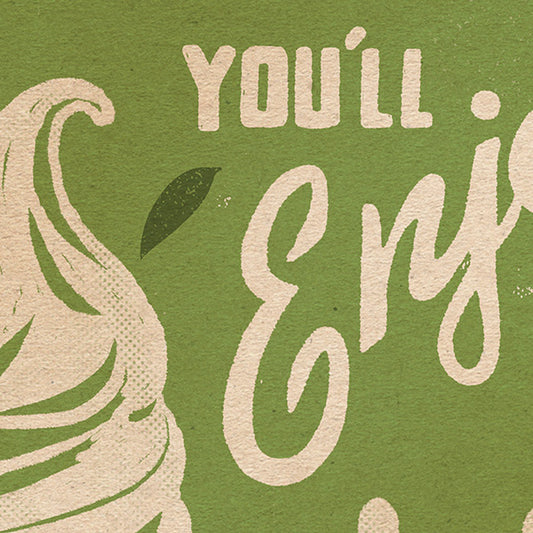 Close-up of vintage matcha ice cream poster showing retro typography and textured paper details