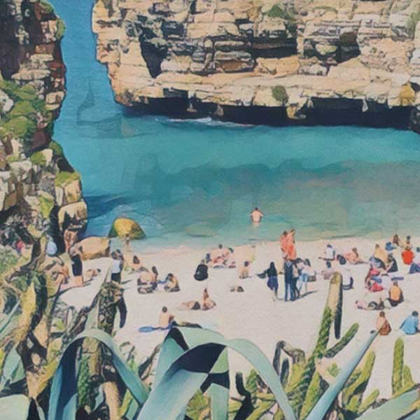 Close-up of the Polignano Puglia vintage-style travel poster highlighting Alecse's soft-focus technique