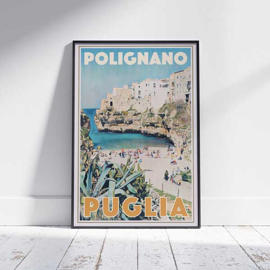 Framed Polignano Puglia travel poster on a white wooden floor by artist Alecse