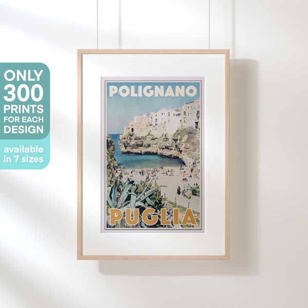 Limited edition Polignano Puglia travel poster by Alecse, showcasing 1 of 300 exclusive prints