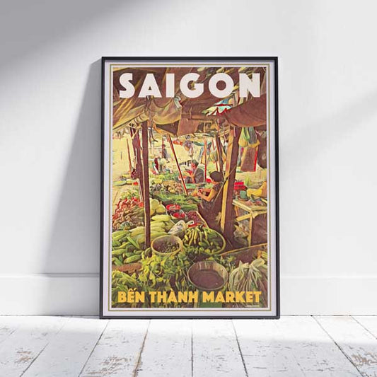 Framed Ben Thanh Market Saigon Poster on White Wooden Floor - Limited Edition Art