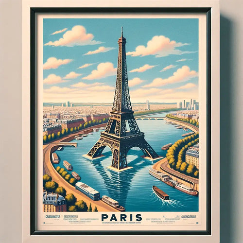 A Paris travel poster generated by AI with the Eiffel Tower in the middle of "la Seine"