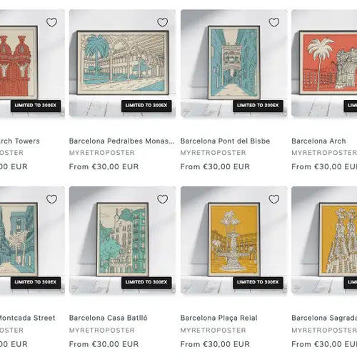 Barcelona landmarks poster series by Cha featuring Pont del Bisbe, Plaça Reial, Casa Batlló and Sagrada Família in graphic retro illustration style.