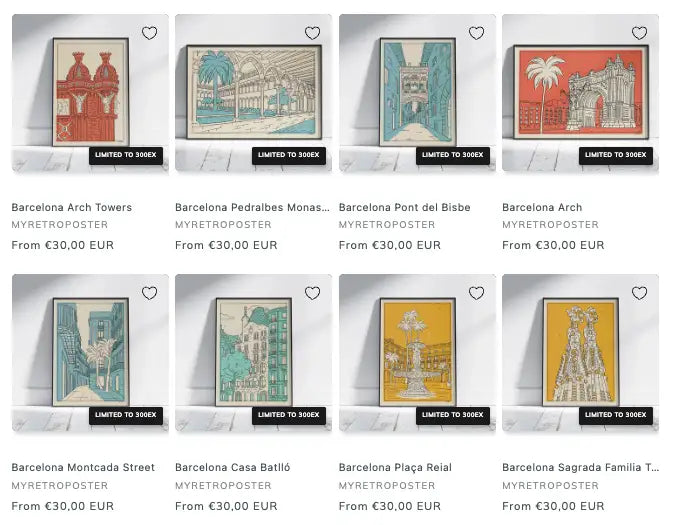 Barcelona landmarks poster series by Cha featuring Pont del Bisbe, Plaça Reial, Casa Batlló and Sagrada Família in graphic retro illustration style.