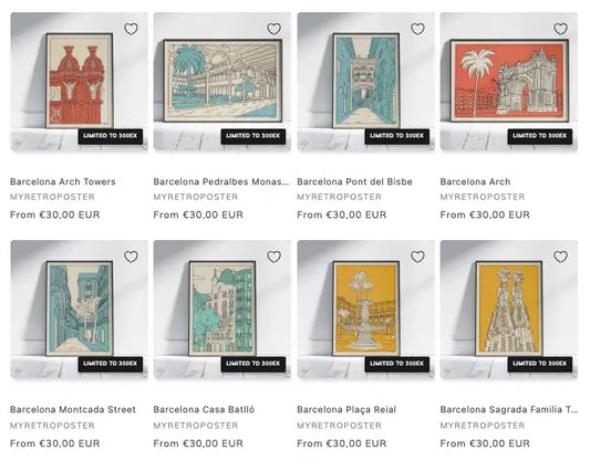 Barcelona landmarks poster series by Cha featuring Pont del Bisbe, Plaça Reial, Casa Batlló and Sagrada Família in graphic retro illustration style.