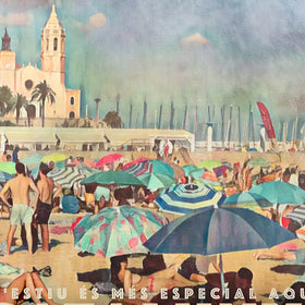 This retro-style poster of Sitges main beach captures the joy and color of summer — a visual celebration of the happiest beach in the world.