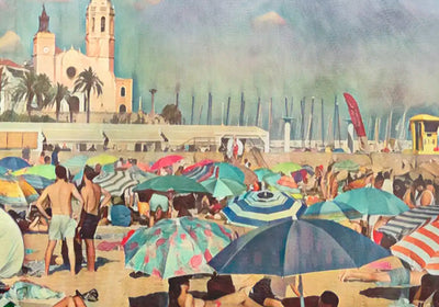 This retro-style poster of Sitges main beach captures the joy and color of summer — a visual celebration of the happiest beach in the world.