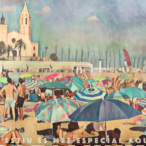 This retro-style poster of Sitges main beach captures the joy and color of summer — a visual celebration of the happiest beach in the world.