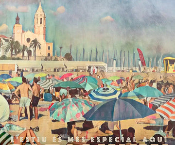 This retro-style poster of Sitges main beach captures the joy and color of summer — a visual celebration of the happiest beach in the world.
