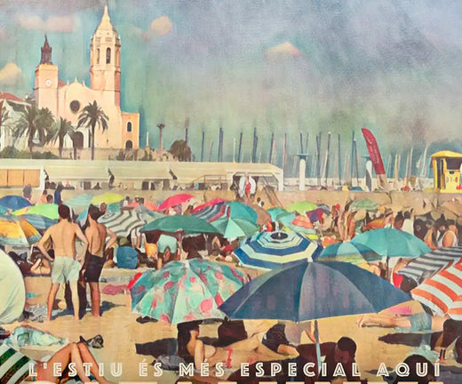 This retro-style poster of Sitges main beach captures the joy and color of summer — a visual celebration of the happiest beach in the world.