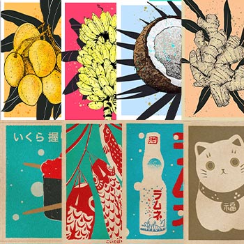 Colorful splash of colors with the posters created by Cha for the Vintage Exotics™ Collection on Myretroposter. To bring life to a neutral-toned living space.