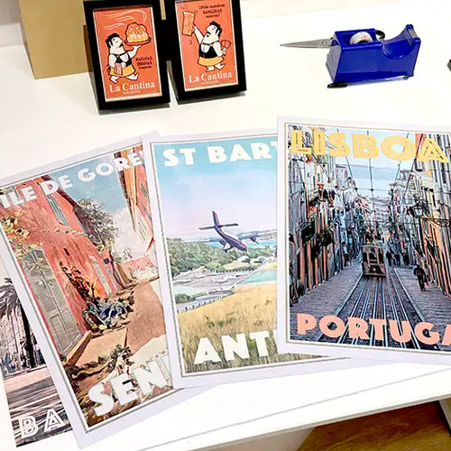 Limited edition travel posters by Alecse and Cha presented inside the MyRetroPoster Sitges gallery.