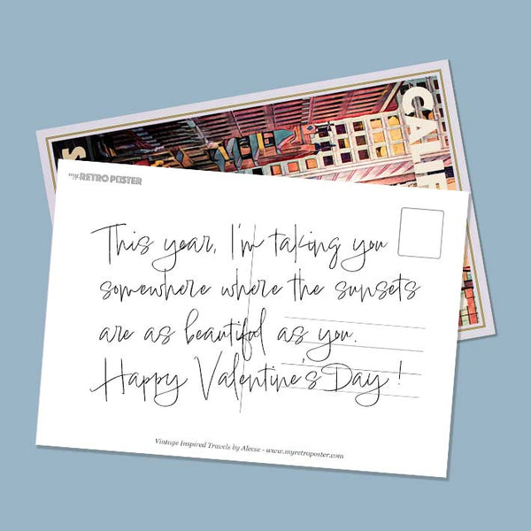 Handwritten Valentine message on a customizable vintage travel postcard, perfect for surprising your loved one with a personal and heartfelt note