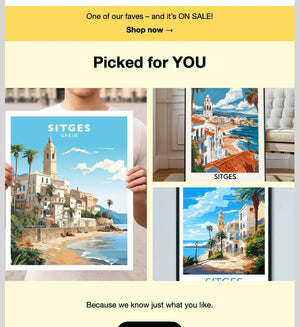 Etsy newsletter screenshot showcasing AI-generated posters claimed to depict Sitges, Spain, though the designs are inaccurate representations of the town.