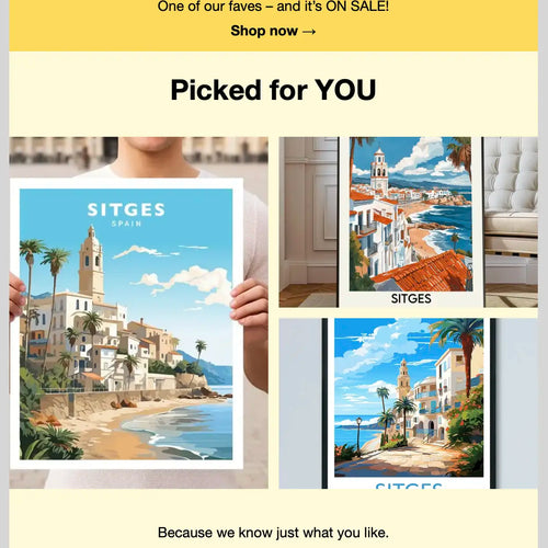 Etsy newsletter screenshot showcasing AI-generated posters claimed to depict Sitges, Spain, though the designs are inaccurate representations of the town.