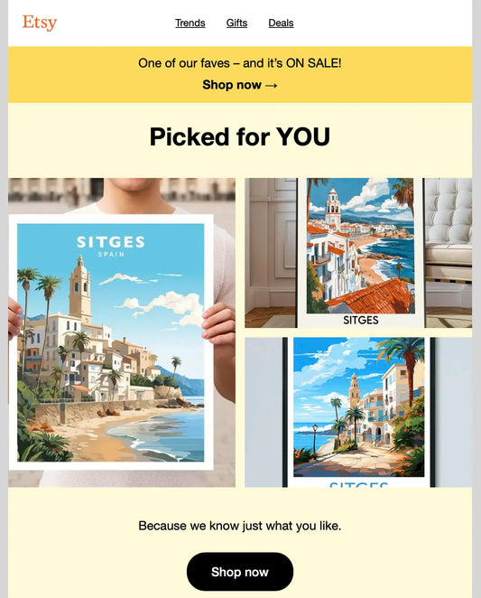 Etsy newsletter screenshot showcasing AI-generated posters claimed to depict Sitges, Spain, though the designs are inaccurate representations of the town.