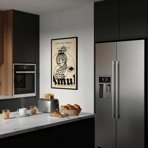 Modern kitchen interior with vintage Amul poster from The Great Indian Décor™ collection displayed above a breakfast scene.