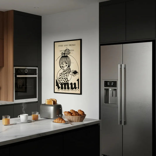 Modern kitchen interior with vintage Amul poster from The Great Indian Décor™ collection displayed above a breakfast scene.