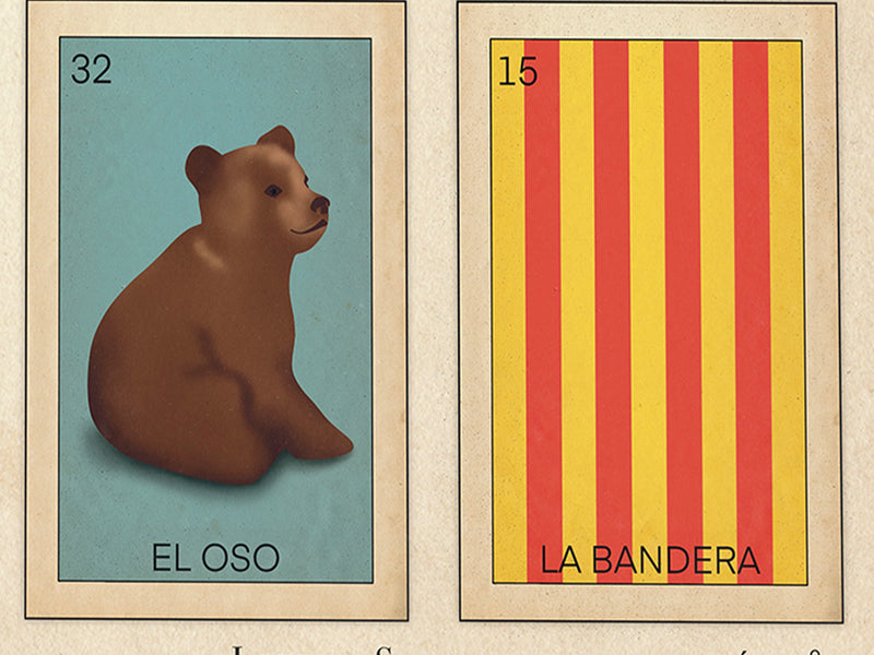 Close-up of the Loteria Sitgetana Verano poster showing the bear symbol for Bears Week and the Catalan flag, both iconic references to Sitges culture